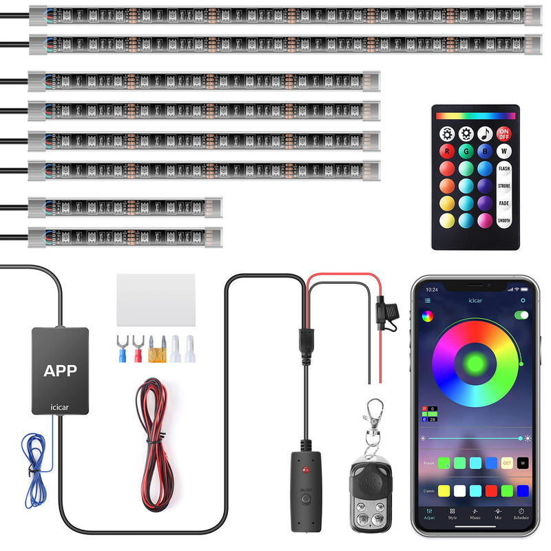 8PCS RGB Motorcycle LED Underglow Kit, App Control Dual Remote Multi-Color IP68 Waterproof Music Sync Accent Light with Brake Turn Signal for Harley Honda Golf Cart 8PCS
