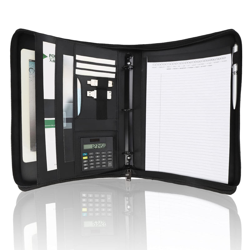 Business Portfolio with Zipper 3 Ring Binder Organizer - PU Leather Folder Padfolio Document Organizer with Solar Calculator,Writing Pad Zippered Portfolio With 3 Ring Binder+calculator