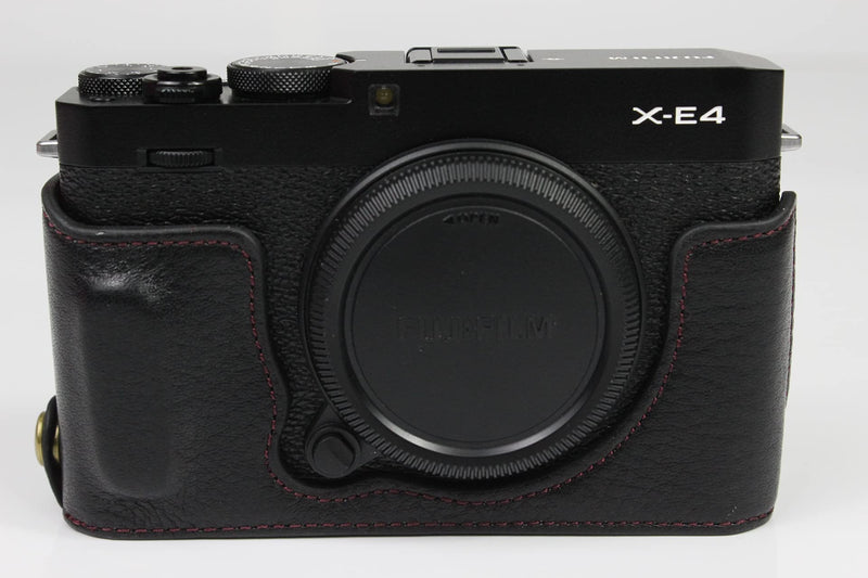 X-E4 Case, BolinUS Handmade Genuine Real Leather Half Camera Case Bag Cover for Fuji Fujifilm X-E4 XE4 Bottom Opening Version + Hand Strap (Black) Black