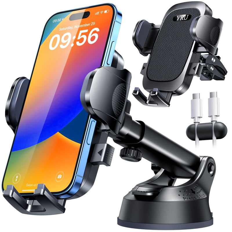 [True Upgrade for Safety] YRU Car Phone Holder Mount [Patent & Military-Grade] Dashboard Cell Phone Holder for Car Vent Windshield Phone Stand for iPhone17 16 15 14 13Pro Max Truck Samsung, Dark Black