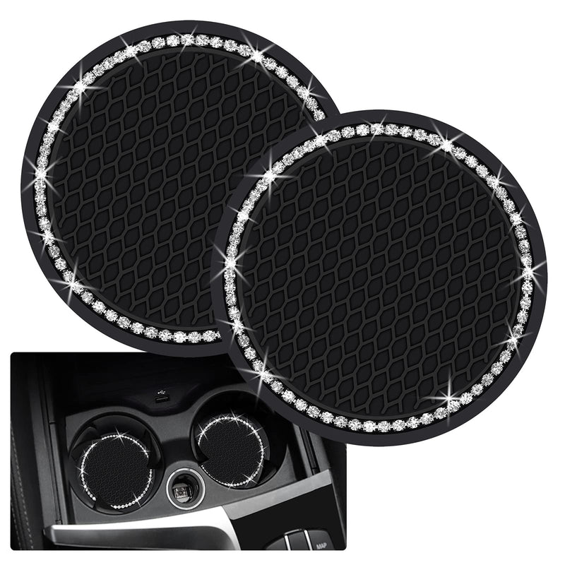 2PCS Bling Car Cup Coaster, 2.75 Inch Auto Cup Holder Insert Coasters Silicone Anti-Slip Crystal Rhinestone Drink Mat, Universal Vehicle Interior Accessories for Women Girls (Black) Black 2pack