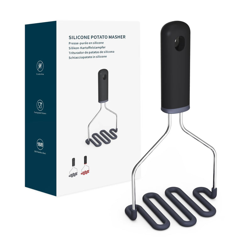 KITCHENDAO Non-Scratch Potato Masher, Heavy Duty 18/8 Stainless Steel Wrapped In Premium Silicone, Soft Touch Handle, Versatile Masher Hand Tool & Potato Smasher, Gift for Christmas-Black 9.69"L x 4.72"W Black