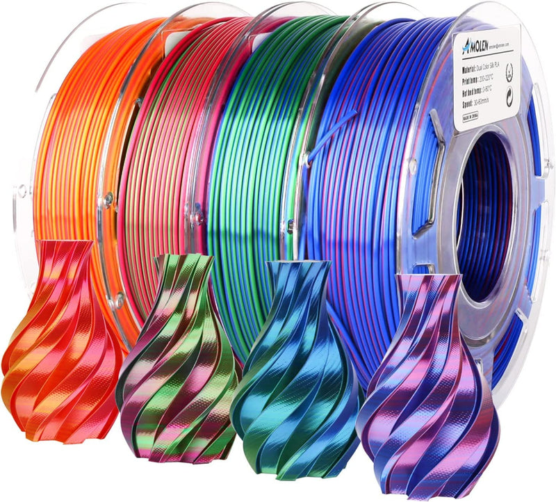 AMOLEN Silk PLA 3D Printer Filament Bundle, Shiny Dual Color Filament 1.75mm Pack, Multi Color Change 3D Printing Filament for Most FDM 3D Printer, 4 Spools 200g Each 200*4-dual Red Gold/Red Green/Red Blue/Blue Green
