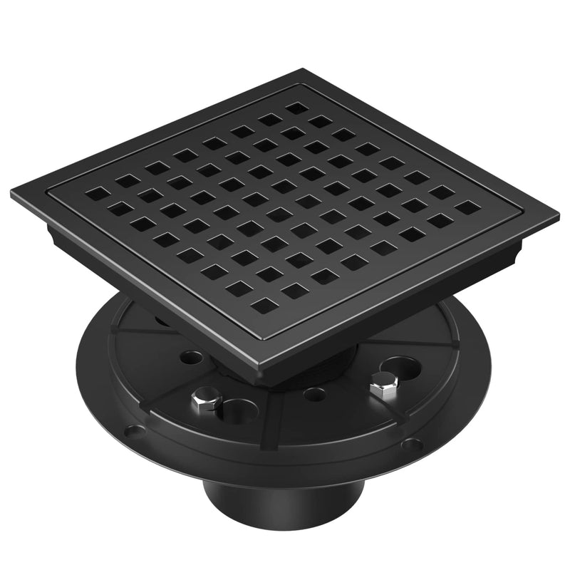 EXF 6-Inch Square Shower Drain with ABS Flange Base, Matte Black 304 Stainless Steel Floor Drain, Removable Grate and Hair Strainer for Modern Bathroom Remodels and Curbless Showers 6IN