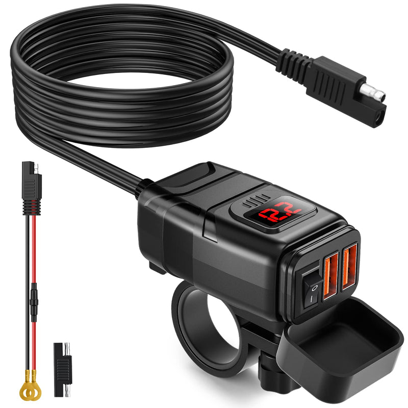 EXTRACTME Motorcycle USB Charger, 6.8A Quick Charge 3.0 Dual USB Motorcycle Phone Charger with Voltmeter & ON/Off Switch, Waterproof Quick Disconnect SAE to USB Adapter for Phone, Tablet, GPS Red Voltmeter Motorcycle Phone Charger