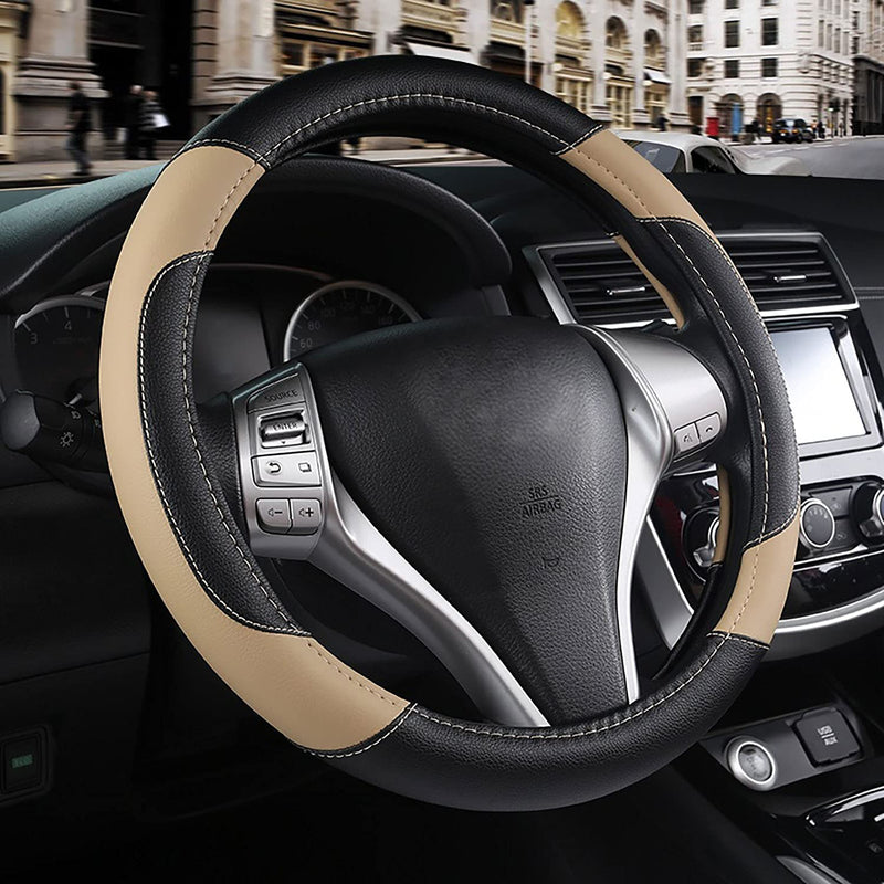 Leather Car Steering Wheel Cover, Non-Slip Car Wheel Cover Protector Breathable Microfiber Leather Universal Fit for Most Cars(Beige) Beige