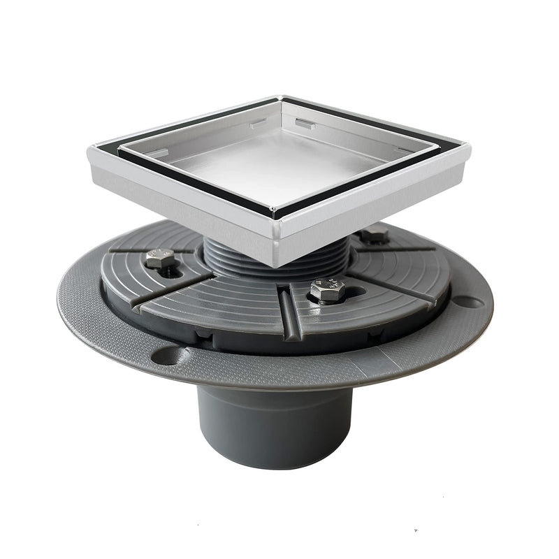 Square Shower Drain 4" with 2" PVC Flange Base, 304 Stainless Steel Tile in Floor Drain w/Tiled Insert Grate & Hair Catcher, CUPC Certified, Brushed (Brushed, 4'') 4''