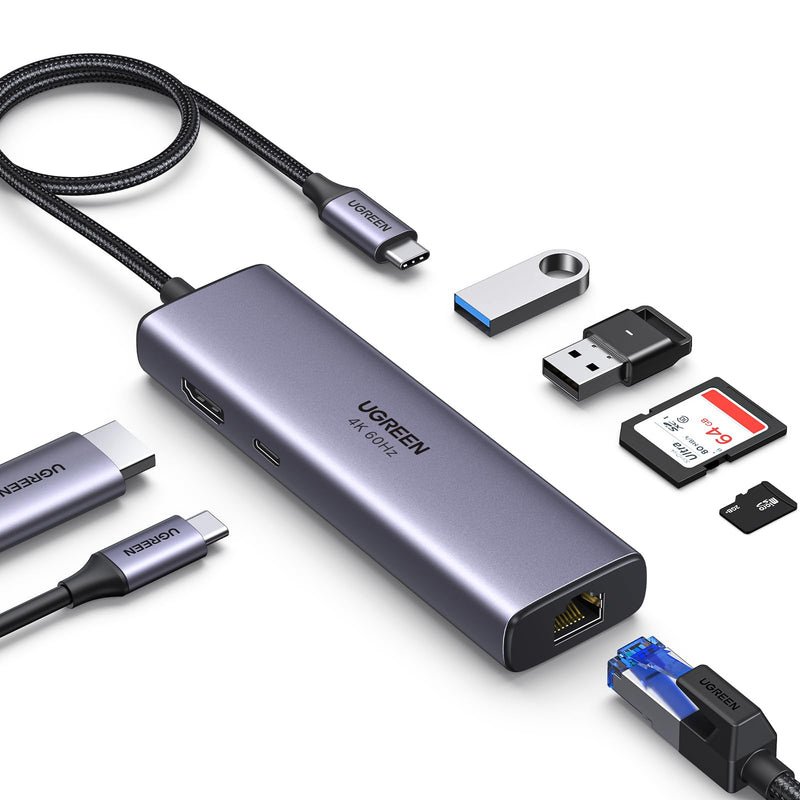 UGREEN Revodok 7 in 1 USB C Hub Gigabit Ethernet Adapter 4K@60Hz HDMI | 100W PD Charging, USB A Data Ports, SD/TF Card Reader Compatible with MacBook Neo/Pro/Air, iPad, Steam Deck 33 x 124 x 16 millimetre