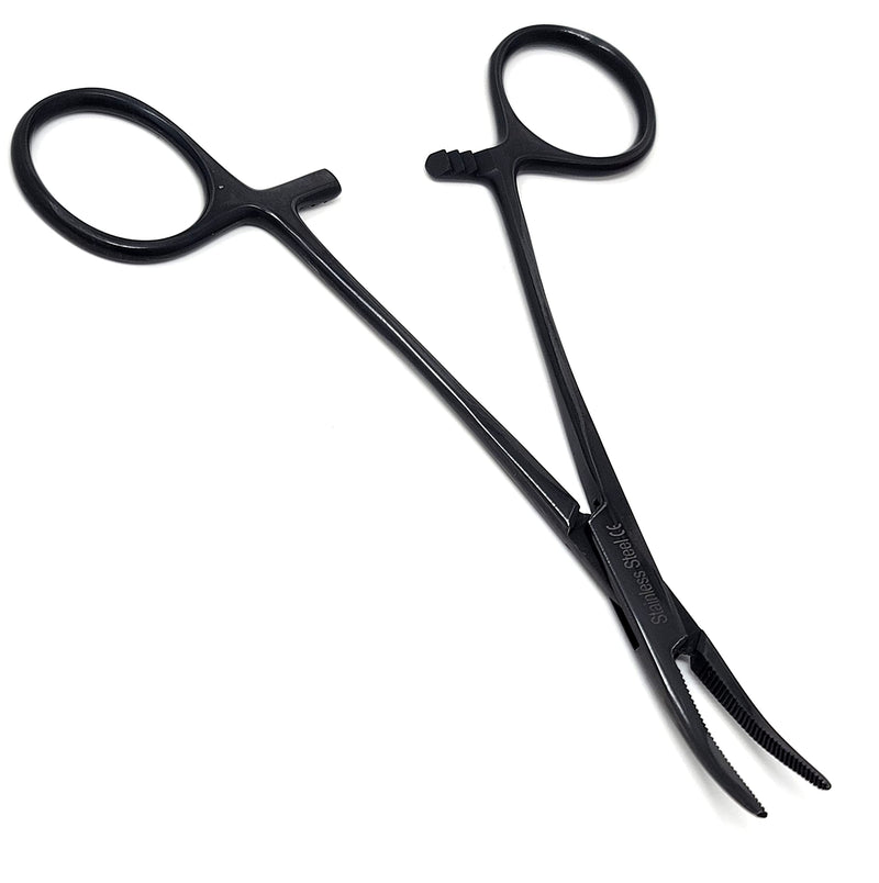 Hemostat Locking Forceps 5" Curved with Full Serrated Jaws Ideal for Clamping, Fishing, Firefighters Nurses Doctors + More (Tactical Black) Tactical Black