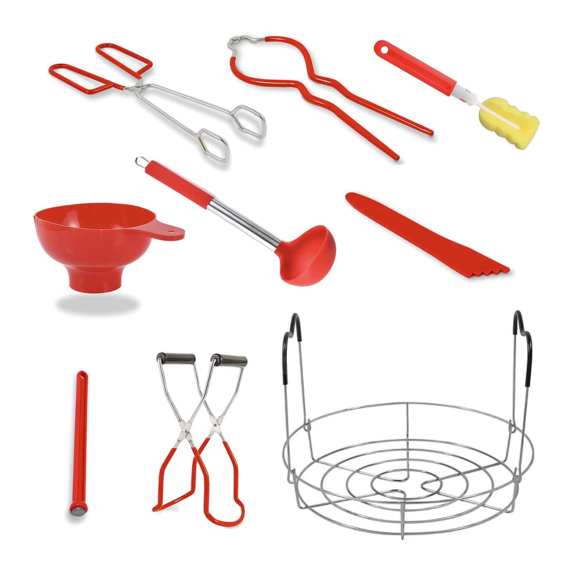 Canning Supplies Kit - 9 Piece 430 Stainless Steel : Rack,Funnel,Jar Lifter,Jar Wrench,Lid Lifter,Tongs,Spoon,Cleaning Brush/Bubble Remover Tool.Suitable for all beginners and professionals