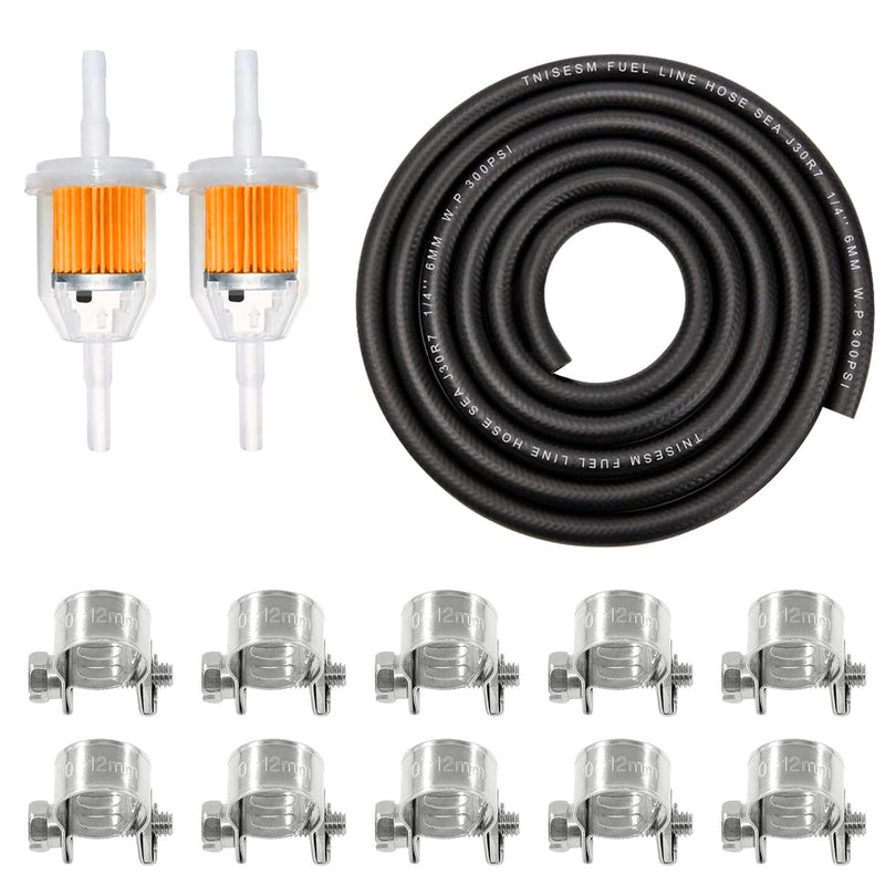 Tnisesm 1/4Inch (6MM) ID Fuel Line kits, 2 Meter/6-Foot Fuel Line + 2Pcs 1/4 Inch X 5/16 Inch Gas Inline Fuel Filters with Magnet +10 Pcs 13/32''-15/32'' Mini Fuel Hose Clamps Adjustable silver(Fuel Line Clamp) 1/4"