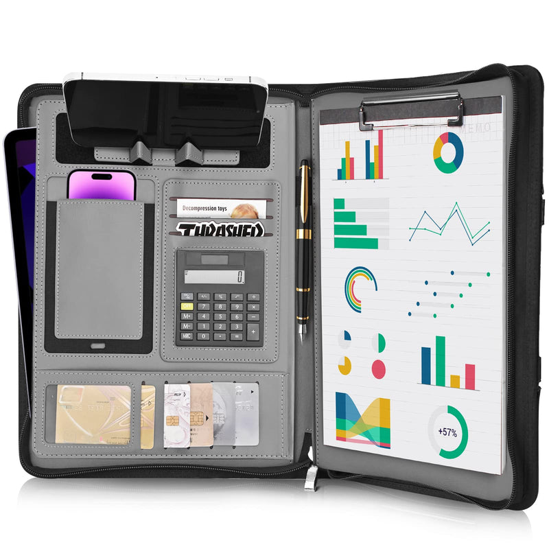 Padfolio Portfolio Binder – Vegan Leather Business Portfolio Organizer with Calculator – Zippered Portfolio Padfolio for Women & Men