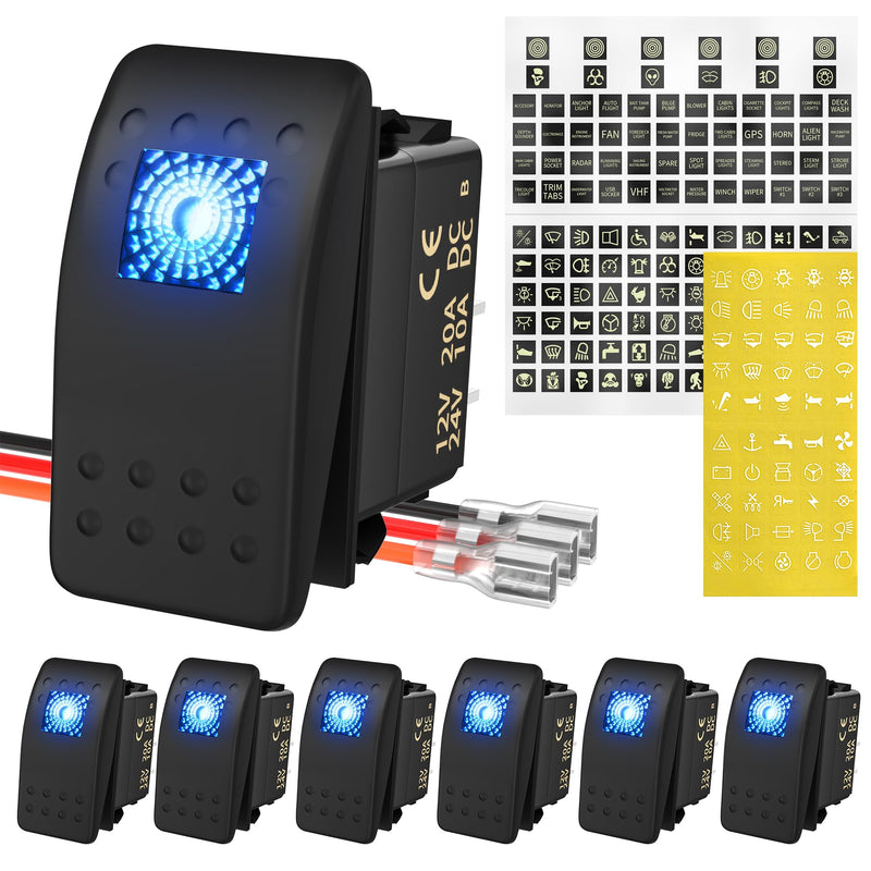 DaierTek Marine Boat Rocker Switch 12V, Lighted Blue LED Waterproof Rocker Switch 12 Volt for UTV RZR SPST 3 Pin ON/Off 20A Heavy Duty with Night Glow Sticker