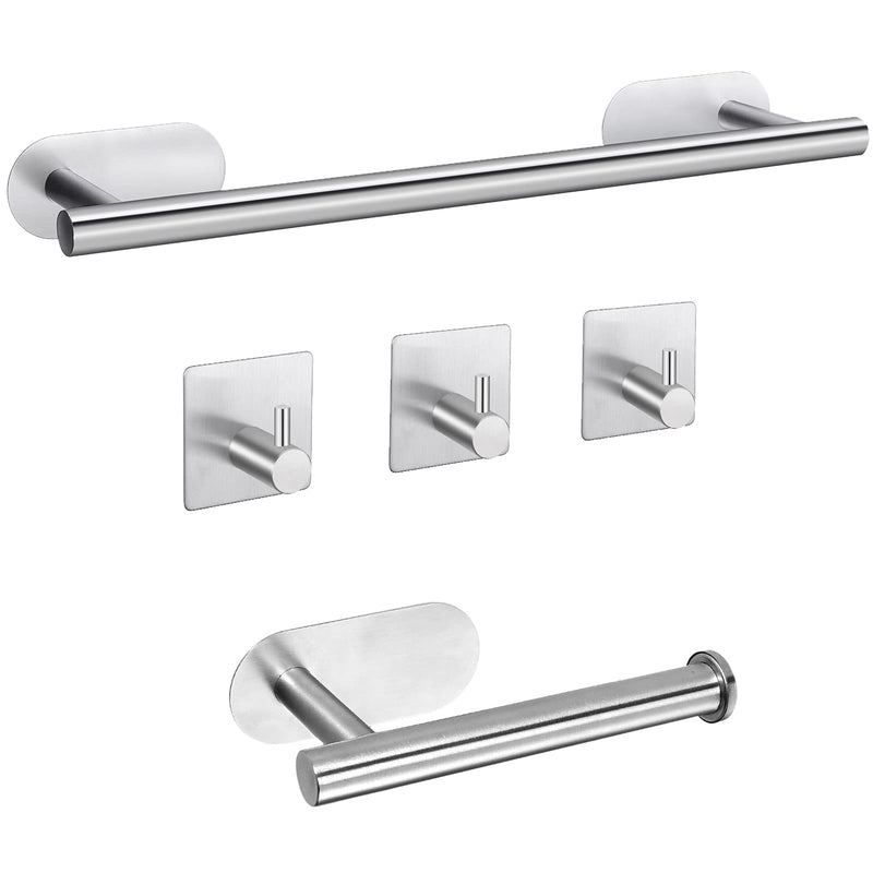 Self Adhesive Towel Bar, JiGiU Bathroom Hardware Set Include 16-Inch Bath Towel Bar,Toilet Paper Holder & 3 Packs Towel Hooks SUS304 Stainless Steel Wall Mount No Drill Sticky on Towel Holder Kit Silver