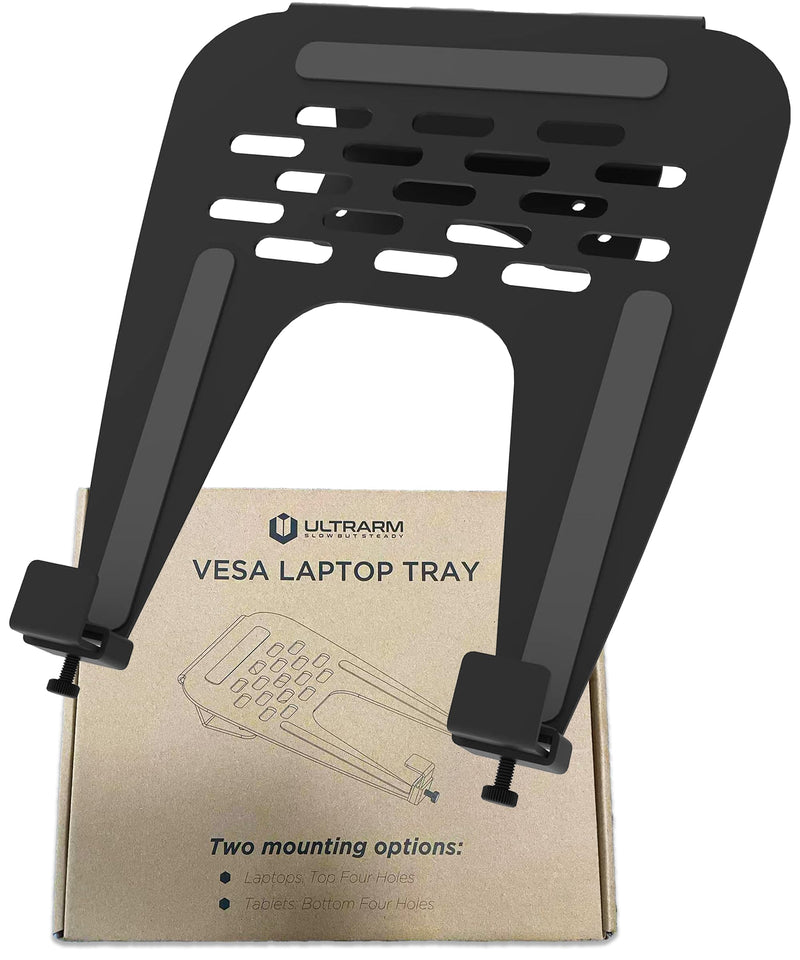 Laptop Tray Steel Notebook Holder for Monitor Arm Desk Mount Stand Fits VESA 75/100 Mounting Holes 29lbs Capacity with Vented Cooling Platform Smooth Laptop Access Design, Black, MAAC-L