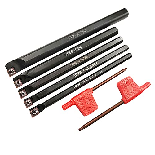 S06K/S07K/S08K/S10K/S12M-SCLCR06 Lathe Indexable Internal Boring Bar Set, Lathe Turning Tools Holder Set with CCMT21.51/CCMT060204 Carbide Indexable Boring Turning Inserts + 5pcs T8 Wrench 5pcs Sclcr06 Boring Bar Set