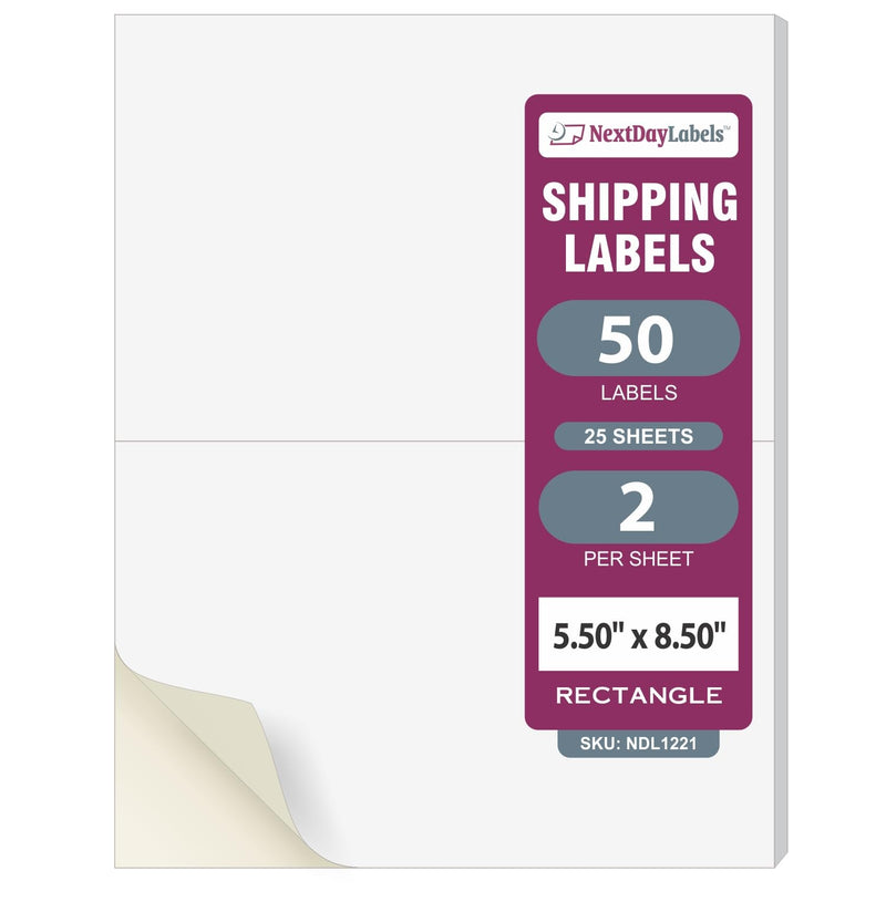  [AUSTRALIA] - NextDayLabels Half Sheet Shipping Labels 5.5" x 8.5" – Printable Blank Labels for Laser & Inkjet Printers, White Self-Adhesive Stickers, 2 Per Page for Ship, FBA, UPS & FedEx, Made in USA, 25 Pack 25 Sheets