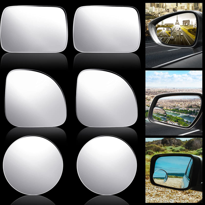 Frienda 6 Pieces Blind Spot Mirror, High Definition Glass Convex Lens Frameless 360° Wide Angle Side View Mirror for Car(Fan, Round, Rectangle Shape)