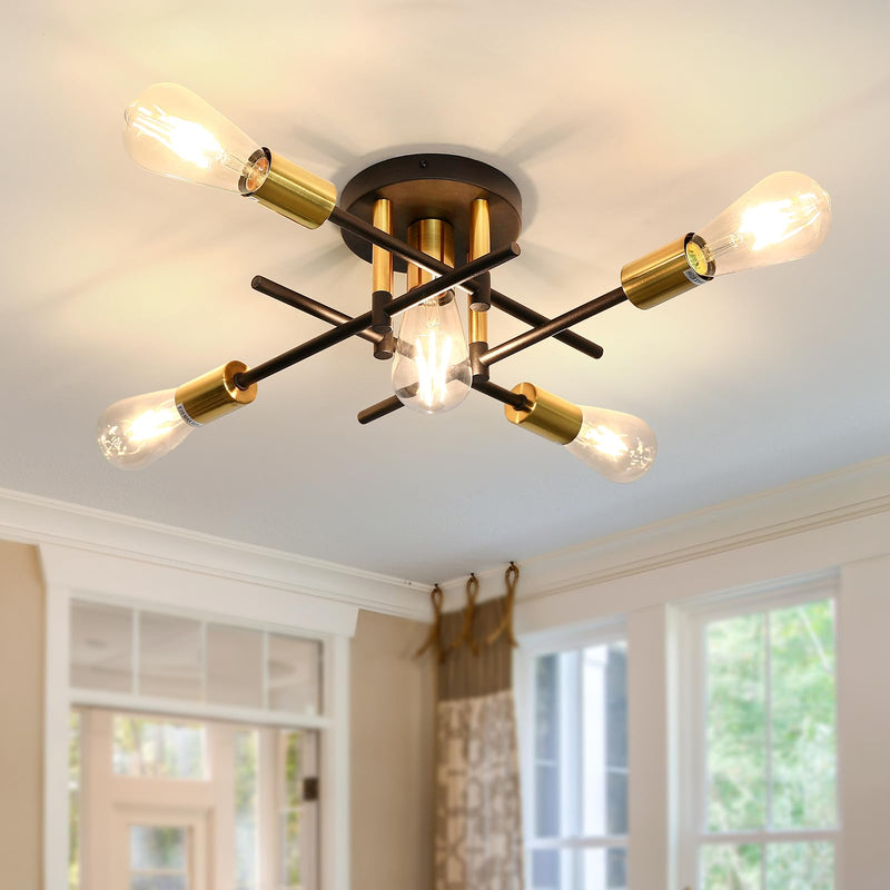 UOFUS Farmhouse 5-Light Semi Flush Mount Ceiling Light Fixture with E26 Modern Matte Black and Gold Chandelier Sputnik Ceiling Lamp for Hallway Kitchen Dining Room Bedroom Study Living Room Bathroom 5 light