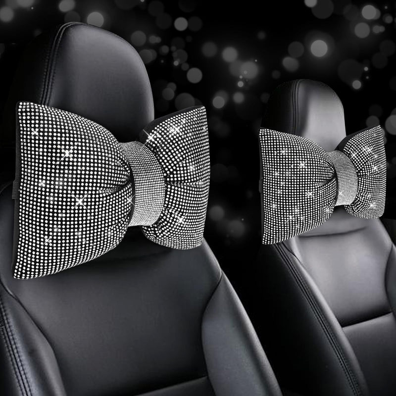 2 PCS Bling Car Pillows, Rhinestones Bowknot Bling Car Headrest Pillow, Car Neck Pillow for Driver Cool Relax Necksupport, White Crystal Diamond Car Accessories for Women 2pcs