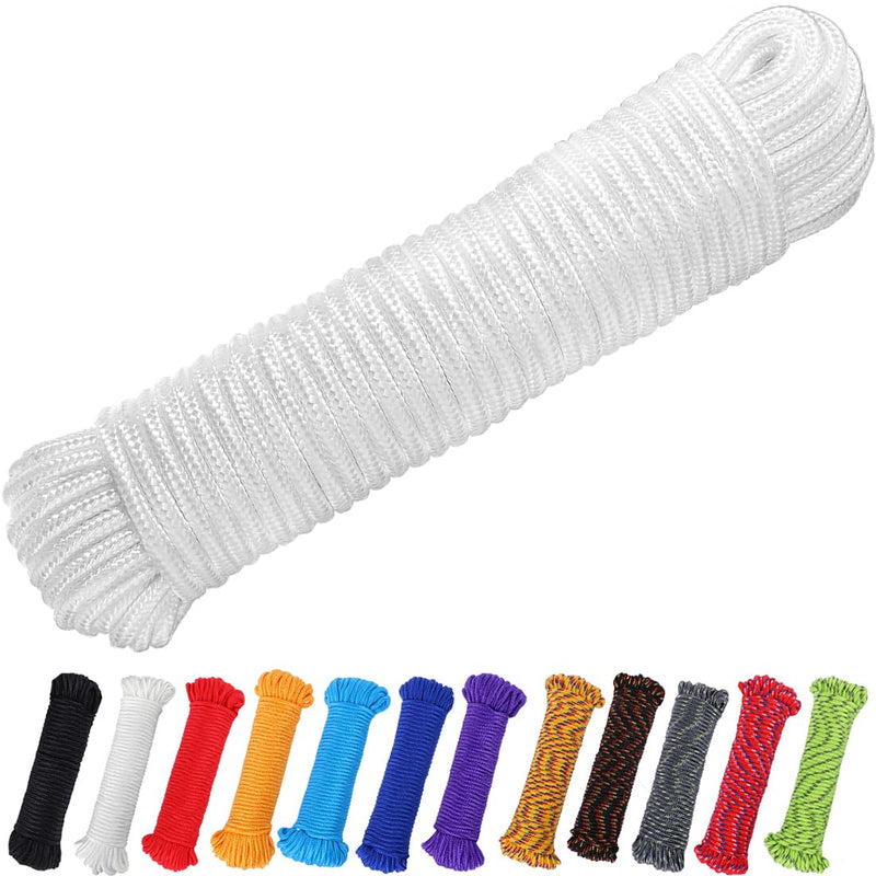 90 ft 1/4 inch (7mm) Polyester Rope (Nylon - Like Durability) Poly Flag Pole Clothes Line Camping Utility Good for Tie Pull Swing Climb Knot (White) White 1/4" x 90'