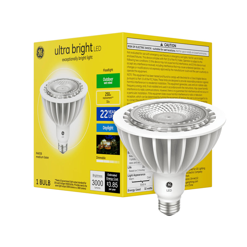 GE Ultra Bright LED Light Bulbs, 250 Watt, Daylight, PAR38 Floodlights 1 Count (Pack of 1) Bulb