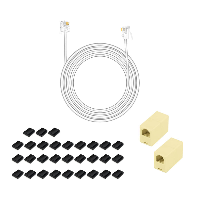 OLIREXD 10 FT RJ11 6P4C Telephone Extension Cable with 30 PCS Adhesive Cable Organizers and 2 Female to Female Inline Couplers for Landline System, Answering Machine, Fax White - 10FT Cable