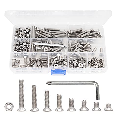 230pcs M5-0.8 x 6mm/8mm/10mm/12mm/16mm/20mm/25mm/30mm Flat Countersunk Head Phillips Screws with M5 Hex Nuts Kit, 304 Stainless Steel / A2-70/18-8, Full Thread, Plain Finish