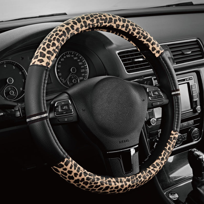 Road Comforts Leopard Steering Wheel Cover - Made with PVC Leather Cheetah Print - Anti-Slip, Universal Fit 14 1/2 inches to 15 inches - Black