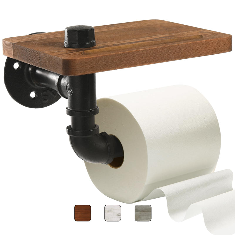 Industrial Pipe Wall Mounted Toilet Paper Holder with Shelf - Rustic Wood and Metal Bathroom Tissue Roll Holder, Farmhouse Decor for Bathroom-Brown Brown Black Iron Pipe