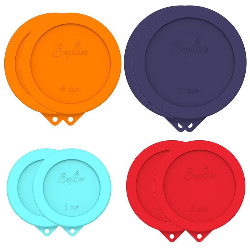 Sophico Round Silicone Storage Cover Lids Replacement for Anchor Hocking and Pyrex Glass Bowls (Container not Included) (4 Size, 8 Pack) Round 8-Pack (Red, Orange, Mint, Navy Blue)