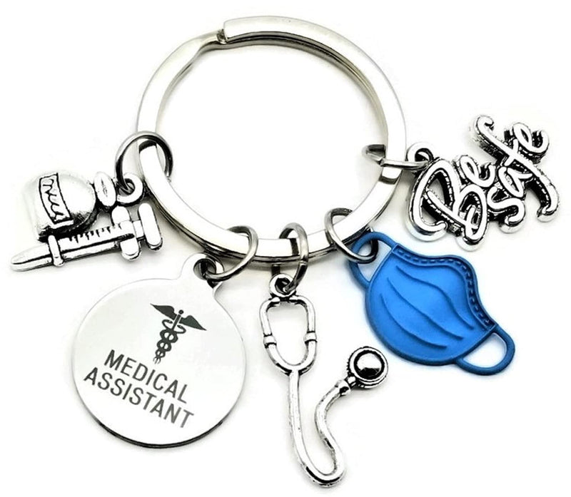 Kit's Kiss Medical Assistant Keychain MA Keychain Stethoscope Syringe Caduceus Medical Symbol Nursing School Graduation Medical Student Gift, Silver, Blue, Diameter of Key Ring : 1.2 inches (3 cm)