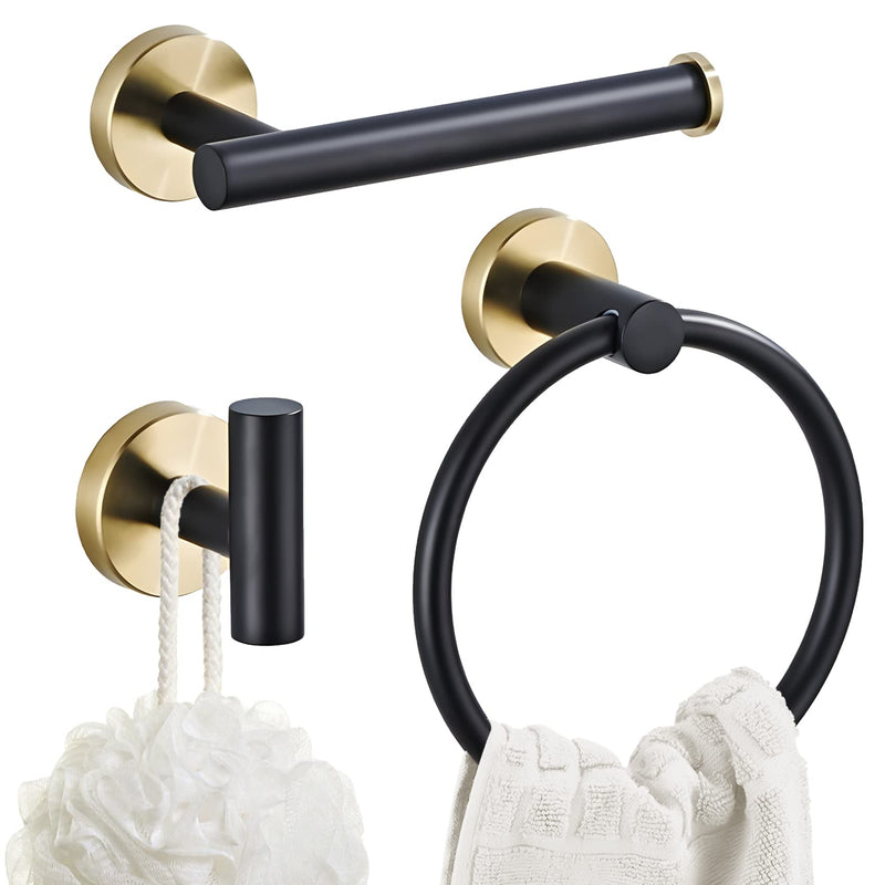 Bathroom Hardware Set 3 Piece Black&Gold Wall Mounted Stainless Steel Hardware Towel Bar Set Gold Bathroom Accessories Towel Rack Set Kit Includes Hand Towel Ring, Toilet Paper Holder, Robe Hook 3-piece Style 1