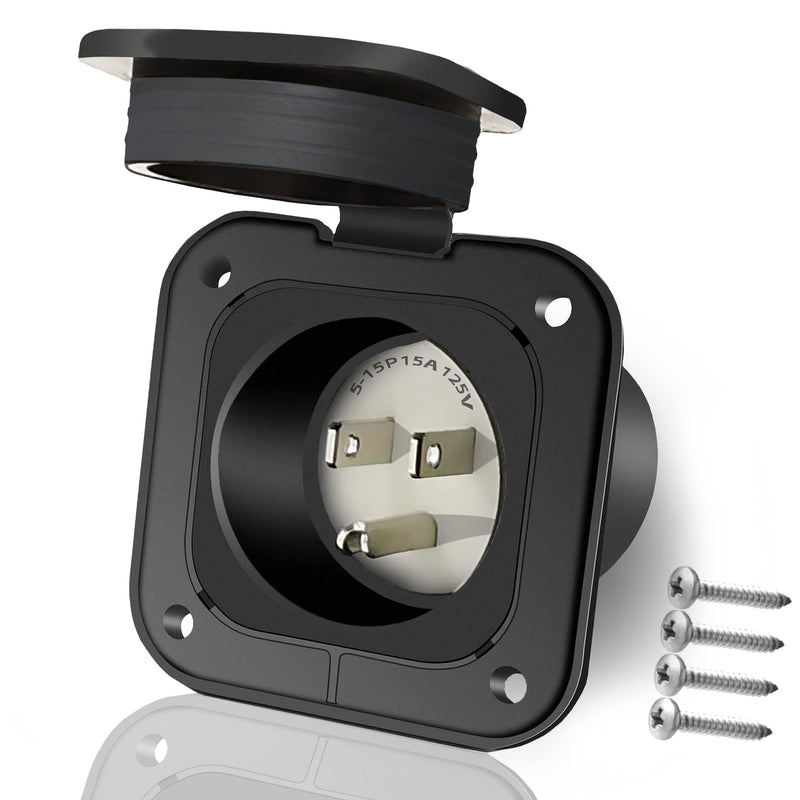 15 Amp Inlet, Shore Power Flanged Receptacle, 15A 125V Recessed Male Outlet, NEMA 5-15 AC Port Plug with Waterproof Covers, Exterior Electrical Connections for RV Trailer Shed Block Heater No Cord