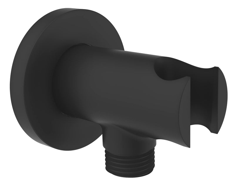 Wall Supply Elbow with O-Ring Flange, Electroplate Matte Black, Solid Brass Wall Union with Hand Shower Holder, Tapered 1/2 NPT Female Inlet, Round, W/Handheld Showerhead bracket, G1/2 Outlet