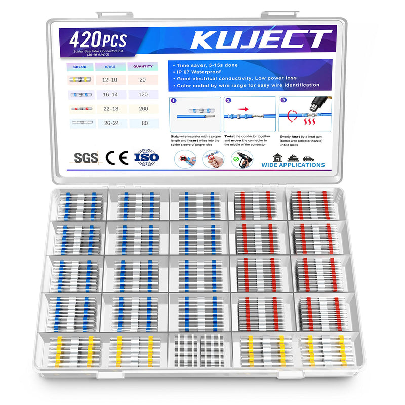 Kuject 420PCS Solder Seal Wire Connectors, Self-Solder Heat Shrink Butt Connector Sleeve Waterproof Insulated Electrical Butt Splice Wire Terminals for Marine Automotive Boat Wire Joint 420