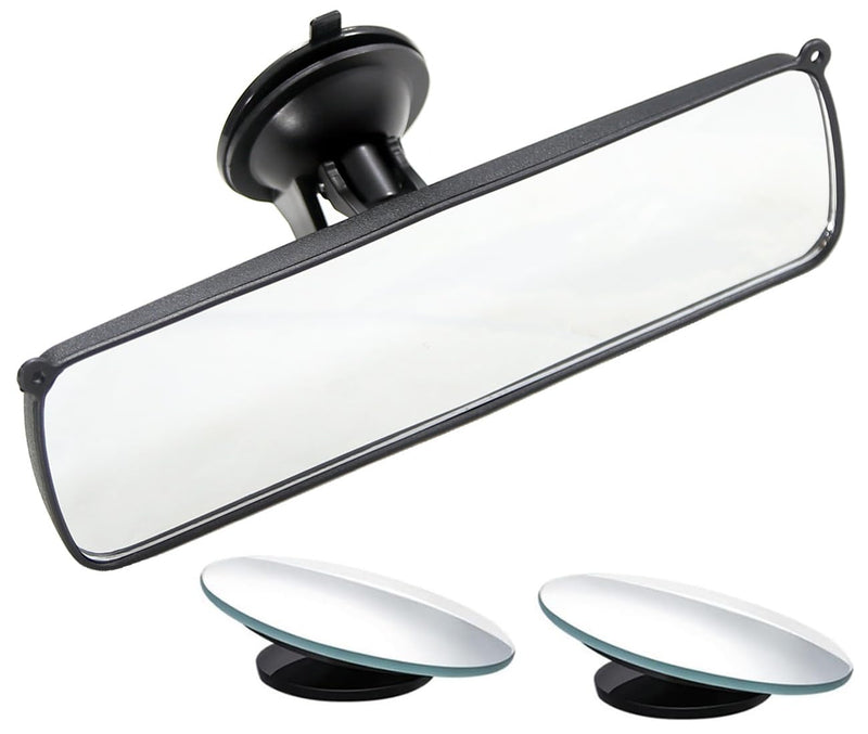Rear View Mirror, 9.8" Universal Rearview Mirror, Car Interior Rear View Mirror with Adjustable Suction Cup, Car Inside Mirror for SUV, Vans, Trucks (Bonus 2 PCS Blind Spot Mirrors) White