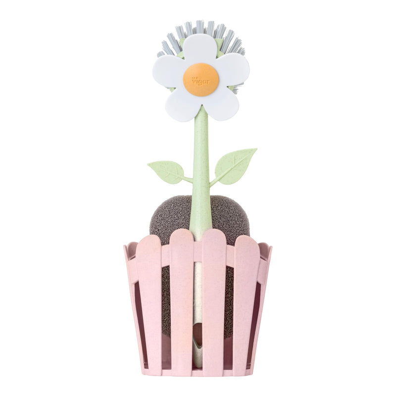 Vigar Florganic 3-in-1 Kitchen Sink Caddy Set, Flower-Shaped Dish Brush, Sponge, Fence-Shaped Holder and Suction Cup, Ideal Sink Organizer, Pink