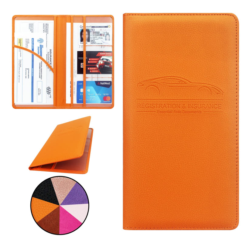 Car Registration and Insurance Holder, Premium Pu Leather Vehicle Glove Box Organizer - for Driver License, Cards & Essential Documents (L-Orange) Large Orange
