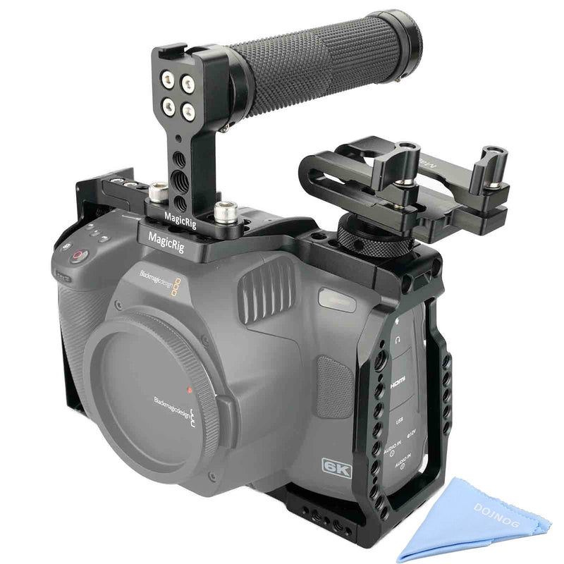 BMPCC 6K Pro Cage Rig for Blackmagic Design Pocket Cinema Camera 6K Pro & G2, with Rubber Top Handle, T5 SSD Mount Clamp -579 cage + rubber top handle + T5 holder