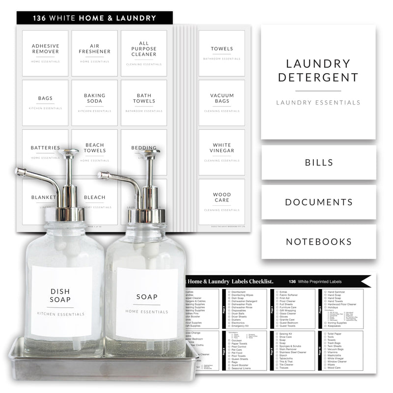 Laundry Labels for Jars, 136 Preprinted Home and Laundry Stickers for Storage Bins, Bathroom Cleaning Jars, Containers, Spray Bottles, Linen Closet, Household Organization White Home & Laundry Labels