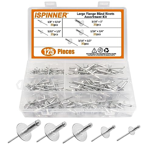  [AUSTRALIA] - ISPINNER 125pcs Large Flange Aluminum Blind Rivets, Pop Rivets Assortment Kit (Silver) Silver