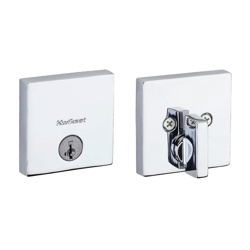 Kwikset Downtown Deadbolt Lock, Polished Chrome Square Exterior Keyed Front Entry Door, Pick Resistant SmartKey Rekey Security, Single Cylinder Dead Bolt