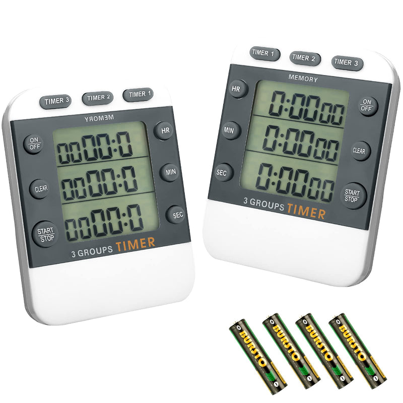 Photect 2-Piece Digital Dual Kitchen Timer, 3 Channels, Count UP/Down, Cooking Timer with Magnetic Back, Loud Alarm, Large Display, Countdown Hour Meter for Cooking, Classroom, Kids, Teacher, Study