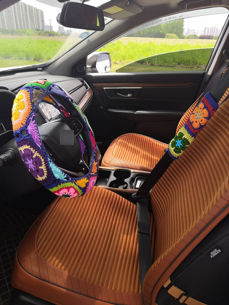 YDM Crochet Steering Wheel Cover, Sunflower Design, Standard Size (14-15 inches), Cotton, Slip Resistant, Elastic, Customizable Color, Gift Idea steering wheel cover+2 belt cover