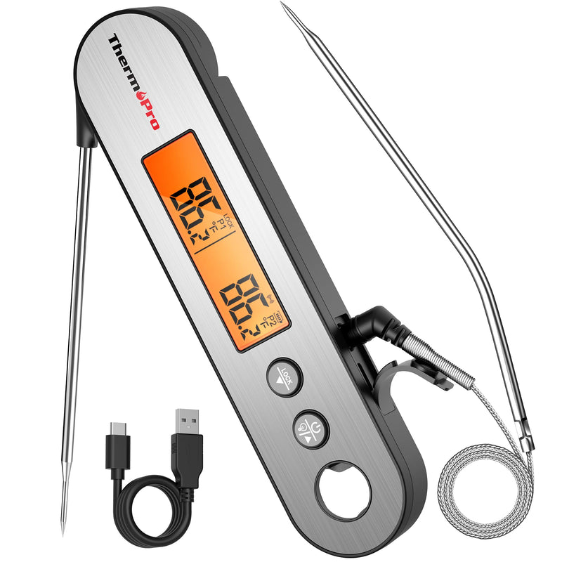 ThermoPro TP610 Digital Meat Thermometer for Cooking, Rechargeable Instant Read Food Thermometer with Rotating LCD Screen, Waterproof Cooking Thermometer with Alarm for Grilling, Smoker, BBQ, Oven Silver