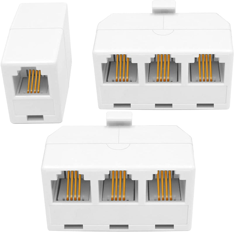 NECABLES 2+1Pack 2pcs 3 Way Phone Jack Splitter RJ11 6P4C 1 Male to 3 Females and 1pc Phone Line Coupler for Landline and Fax White