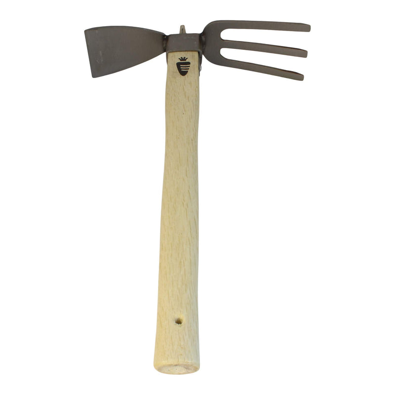 Carrot Design Stainless Japanese Style Garden Hoe and Cultivator Dual Headed Weeding Tool - 3 Prongs Combo Garden Tools with Wood Handle