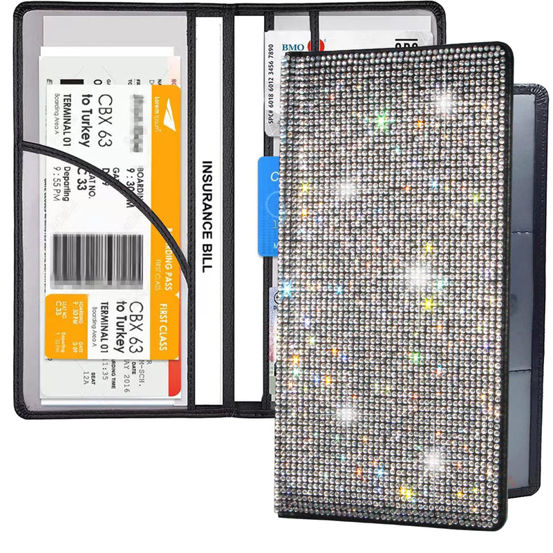 Bling Rhinestone Artificial Diamond Car Registration and Insurance Document Holder, Glitter Car Essentials Glove Box Organizer Compartment Bling Silver, Medium