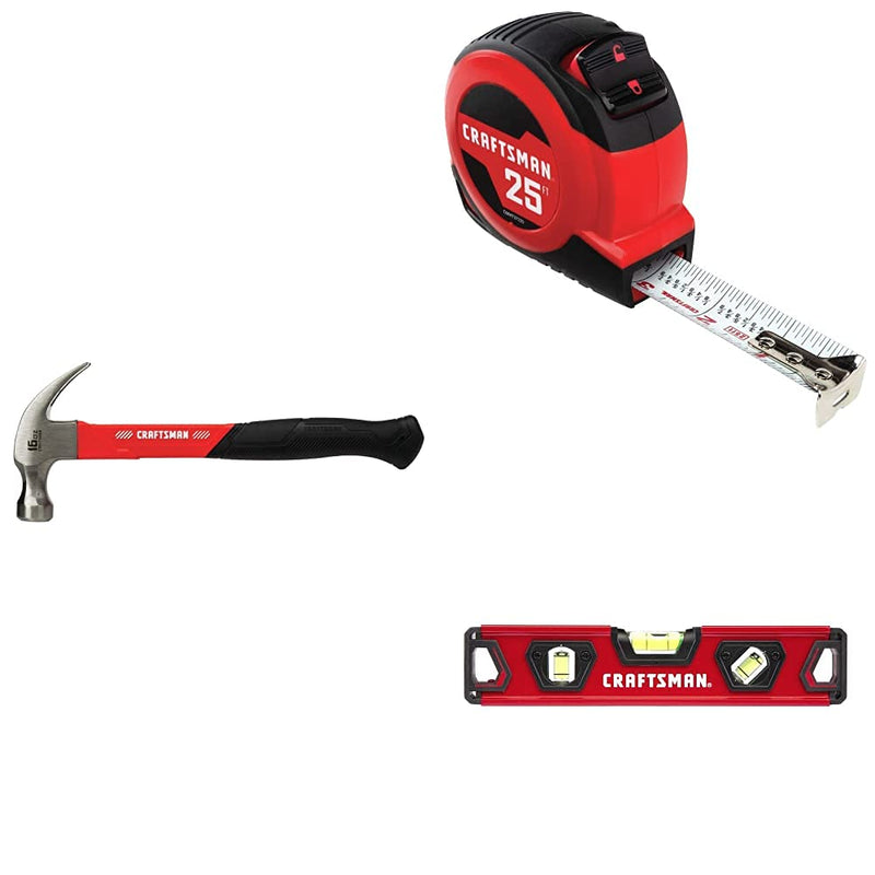 CRAFTSMAN Hammer, Fiberglass, 16 oz. with Tape Measure, Self-Lock, 25-Foot and Torpedo Level, 9-Inch (CMHT51398, CMHT37225S & CMHT82390) Home Owner Basic Tool Bundle